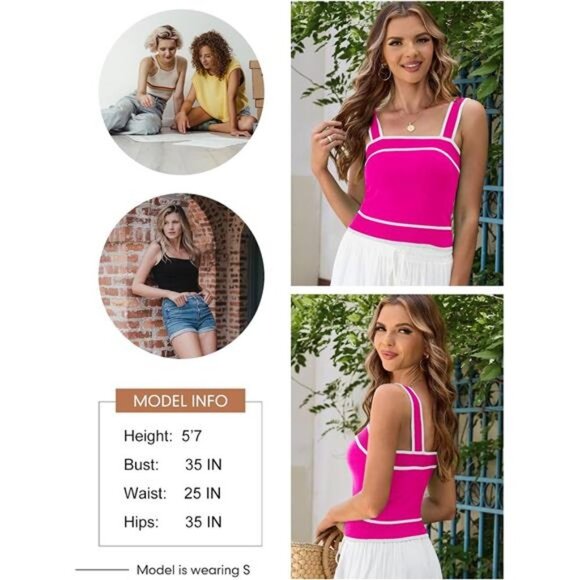 Pink Colorblock Knit Y2K Crop Top Square Neck Tank‎ Top Sleeveless Cami Shirt - Picture 5 of 5